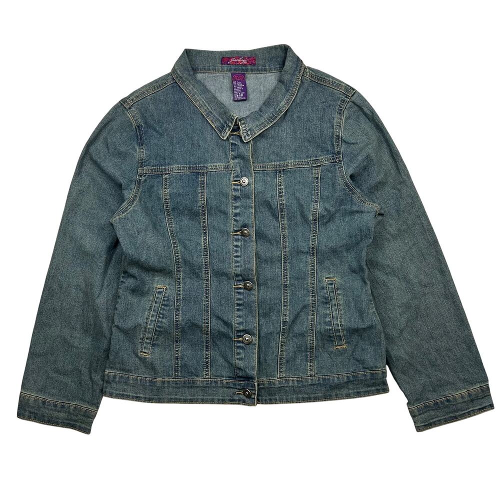 Y2K Jeanbay Denim Jacket Womens L Rhinestone Cross Embellished Jean Trucker